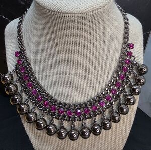 Hot Pink Rhinestone Gunmetal Statement Bib Necklace Chunky Glam